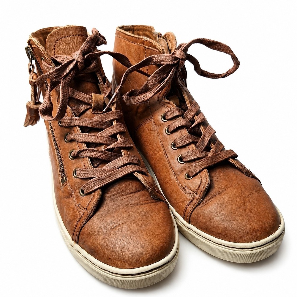 UGG Blaney High-Top Leather Sneaker Sz 8.5 Brown Burnished Crinkle Side Zipper